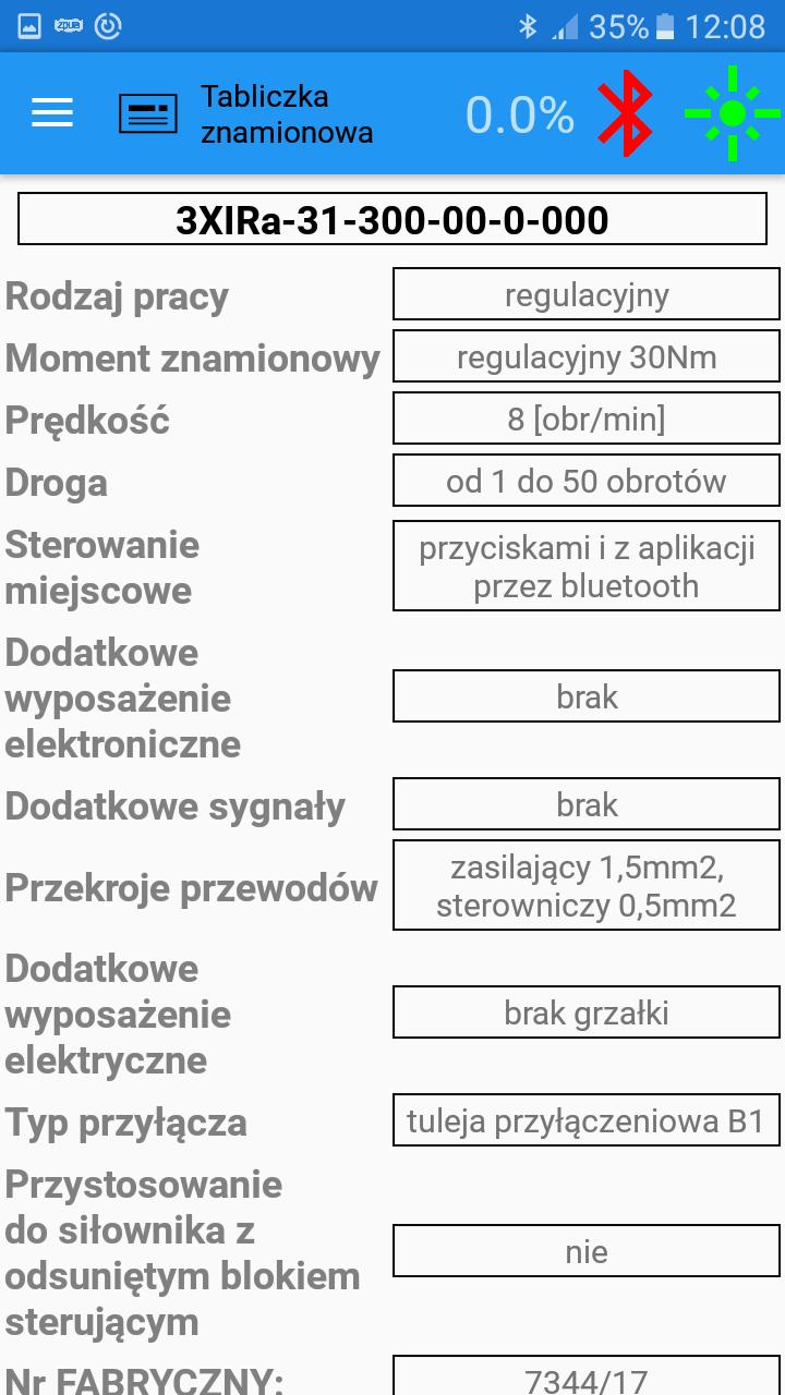 Instrukcja Obsługi Siłowniki regulacyjne 3XI z aplikacją XIDrive 9.2. Tabliczka znamionowa Wybranie z menu pozycji Tabliczka znamionowa pozwala na odczyt informacji o siłowniku jak na Rys. M.