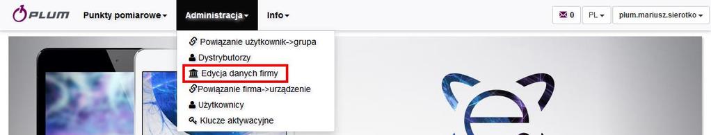 FIRMY Firma to główny element struktury systemu. Powiązani są z nią Użytkownicy, którzy mają dostęp do danych pomiarowych oraz Urządzenia pomiarowe, którymi firma dysponuje.