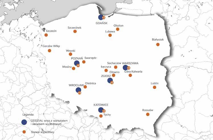 SIEĆ SERWISOWA Potencjał serwisowy Spółki tworzy: 6 warsztatów, 8 dodatkowych punktów serwisowych, ponad 50 samochodów serwisowych, ponad 100 pracowników, flota 800 wózków zastępczych w wynajmie