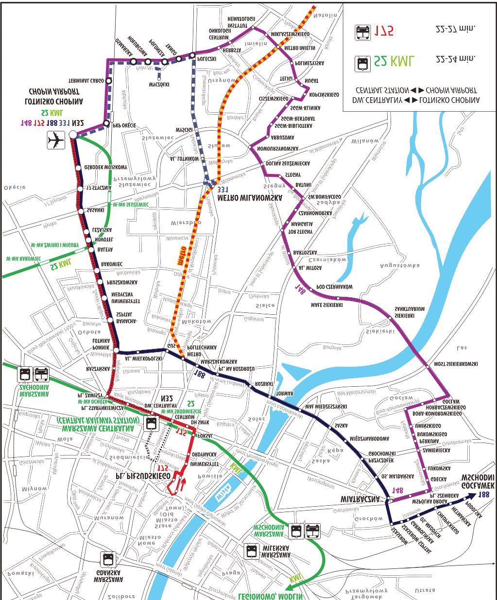 Zadanie 8. Z przedstawionej mapy wynika, że korzystając z publicznych środków transportu, z dworca kolejowego Warszawa Centralna do Lotniska Chopina w Warszawie A.