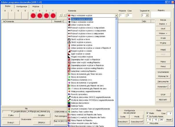Do tworzenia programu służą przyciski: Dopisz + + Wstaw < < Usuń W dół W górę - przyciski powodują dopisanie do programu (na koniec listy) zaznaczonej komendy z listy - przyciski powodują wstawienie