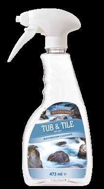 Środek Tub & Tile naturalnie usuwa osad z mydła i twardej wody bez użycia chlorowego wybielacza, którego stosowanie w domu może