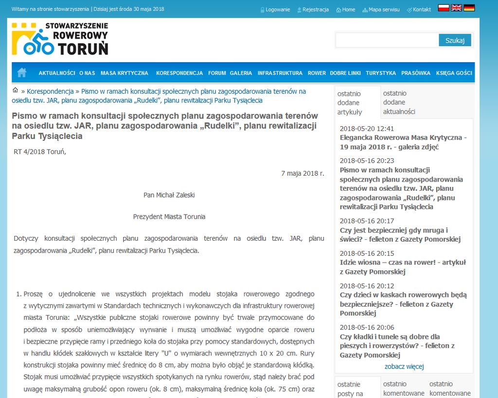 Pismo Stowarzyszenia Rowerowy Toruń, opublikowane