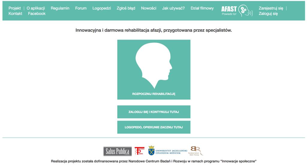 1. Pierwsze kroki w aplikacji 1.1 Elementy strony głównej aplikacji Aplikację uruchamia się wpisując w pasek adresu przeglądarki adres www.afast.pl. Wygląd strony głównej aplikacji przedstawiono na Rys.