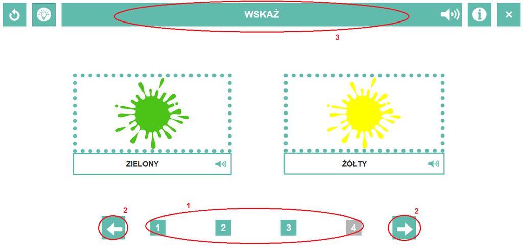 Na pasku na górze ekranu wyświetlane jest skrócone polecenie do danego ćwiczenia (Rys. 1.6, element nr 3), znajdują się tam również przyciski opcji. Rysunek 1.