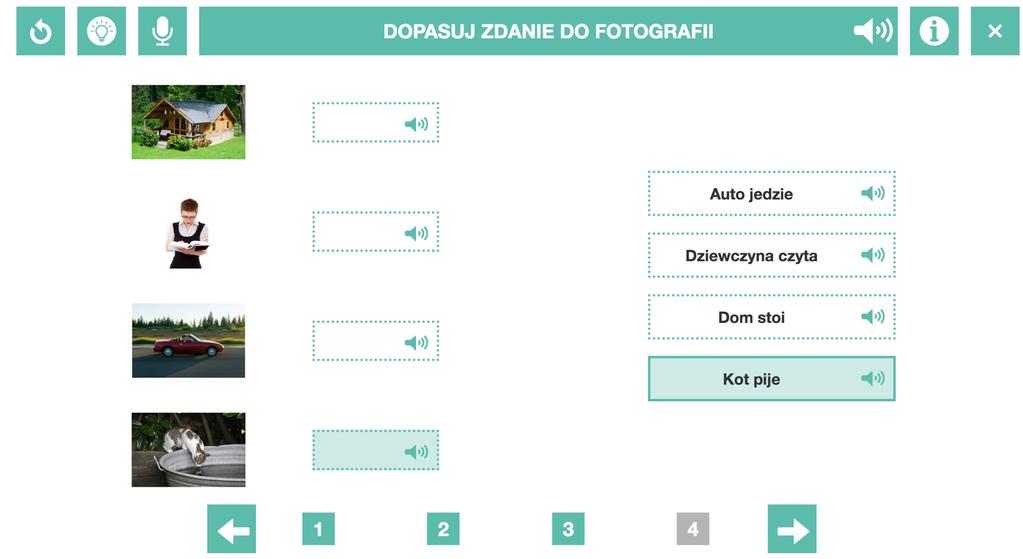 W ćwiczeniach wymagających dopasowania elementów należy kliknąć w element, a następnie w ramkę wskazującą miejsce, gdzie ma on być przeniesiony (Rys. 1.8).