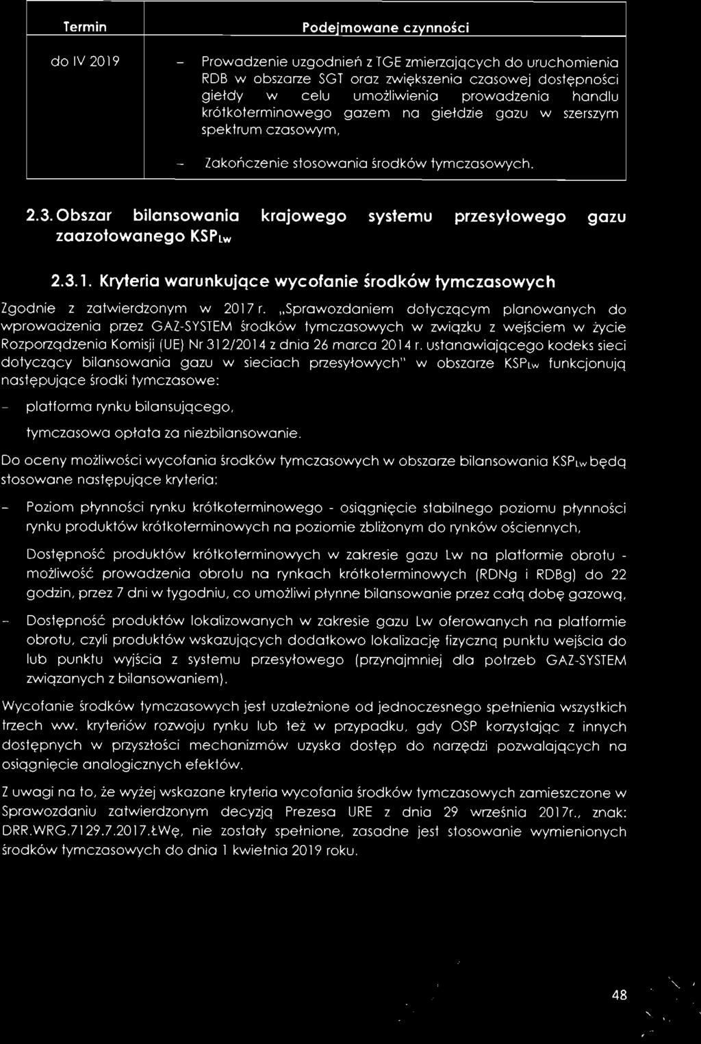 Termin Podejmowane czynności do IV 2019 - Prowadzenie uzgodnień z TGE zmierzających do uruchomienia RDB w obszarze SGT oraz zwiększenia czasowej dostępności giełdy w celu umożliwienia prowadzenia