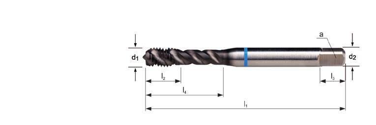 E414 M Gwintownik maszynowy metryczny skrętny 48, Niebieski Shark E414 E414 E414 M3 - M20 l 1 l 2 d 2 l 3 l 4 P Ø a E414 M mm mm mm mm mm mm z mm 3 0.50 56 6 3.5 2.7 6 3 2.5 18 E414M3 4 0.70 63 7 4.