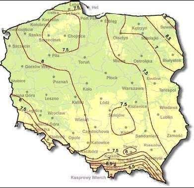 Rys.2.5. Średnia temperatura powietrza w Polsce, w latach 1961 1990 Okres wegetacji trwa średnio 200-220 dni, zaczyna się w pierwszych dniach kwietnia, a kończy 30-31 października.
