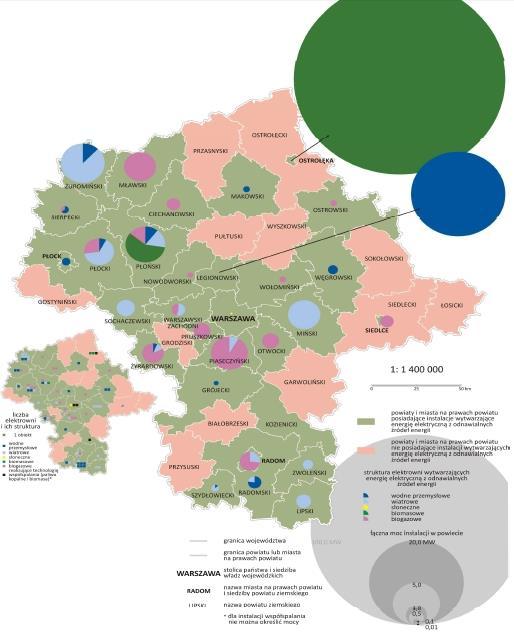 43 Rysunek 21. Instalacje wytwarzające energię elektryczną z OZE według stanu na kwiecień 2011 r.