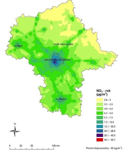 71 Rysunek 32. Rozkład stężeń dwutlenku azotu w 2010 r.