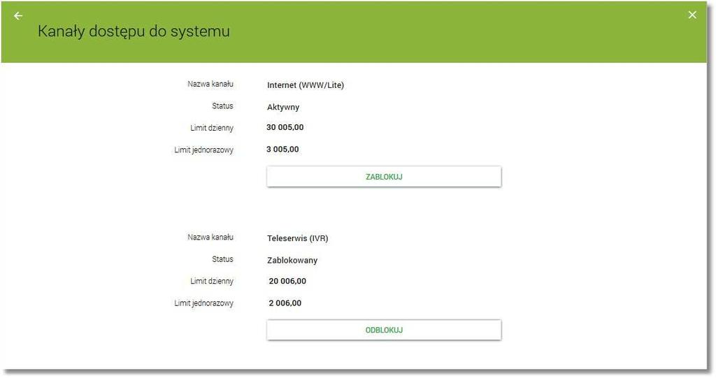 Kanały dostępu do systemu W opcji Kanały dostępu prezentowane są limity (dzienny i jednorazowy) dla poszczególnych kanałów Internet