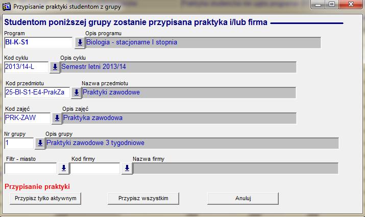 Przycisk Studenci grupy umożliwia nam przypisanie konkretnej grup