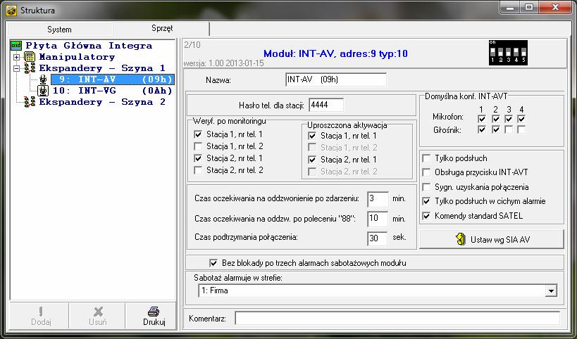 6 INT-AV SATEL program DLOADX: okno Struktura zakładka Sprzęt gałąź Ekspandery [kliknąć na moduł na liście urządzeń] (patrz: rys. 4). Rys. 4. Okno programu DLOADX z ustawieniami modułu INT-AV. 6.