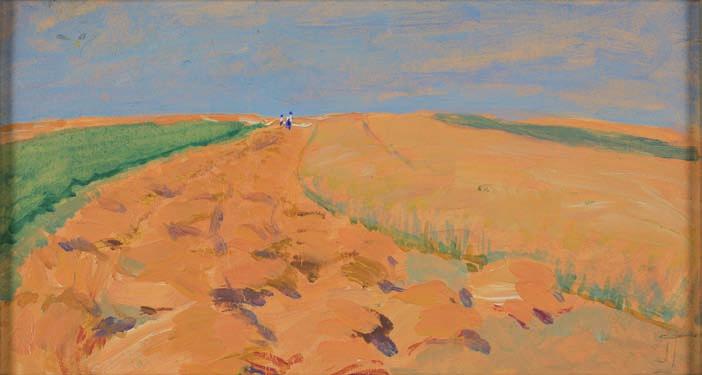 28. jadwiga tetmajer-naimska (1891-1975) KoSiaRze Na żytowisku olej, tektura, 11 x 20,5 cm, sygn. p.d.: t (?), na odwrocie naklejki tpsp w Krakowie. 2.500,- córka W. tetmajera.