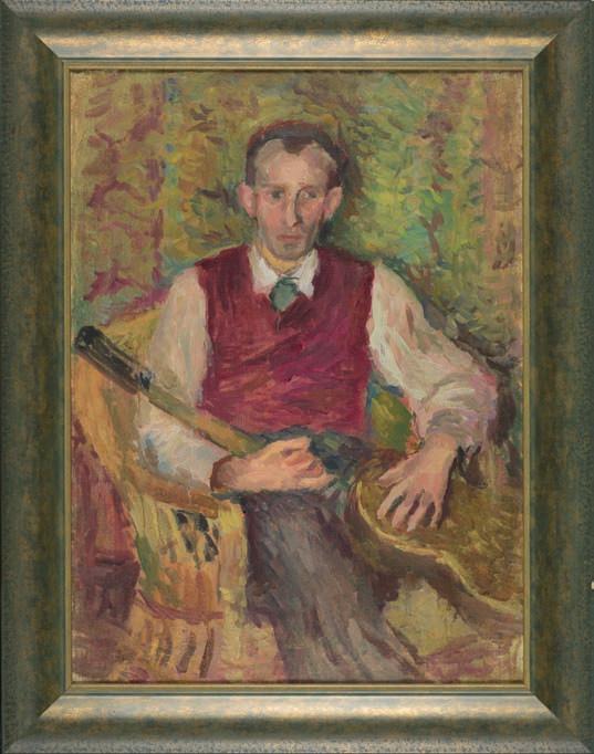 39. Karol larisch (1902-1935) PoRtRet PRofeSoRA taranczewskiego z gitarą olej, płótno, 64 x 47,5 cm, niesygn., na odwrocie p.g. adnotacja emila Krchy: larisch, Wacław taranczeski, Własność e. Krchy. 9.