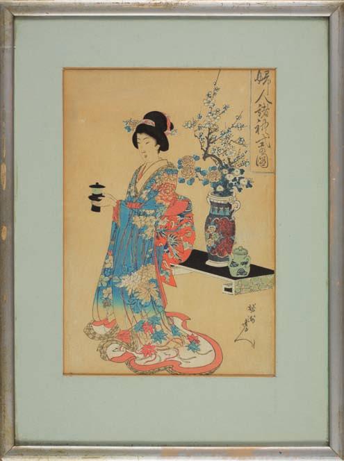 50. Yōshū chikanobu (1838-1912) Strojnie ubrana para: młoda kobieta i samuraj (Przedstawienie teatru kabuki), Seria: damy dworu z pałacu chiyoda, japonia, lata 90-te XiX w.