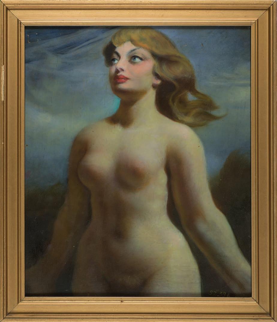 53. Stefan ŻEchOWSKI (1912-1984) akt olej, sklejka, 48 x 40 cm, sygn. p.d.: Sz 39. 9.500,- od 1928 r. studiował w krakowskiej Państwowej Szkole Sztuk zdobniczych i Przemysłu artystycznego.