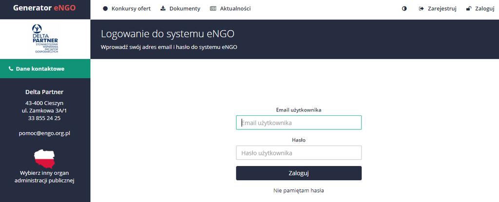 1.4 Logowanie Aby zalogować się do Generatora engo należy kliknąć ikonkę Zaloguj, która znajduje się w prawym górnym rogu ekranu, po wybraniu właściwego organu administracji publicznej.