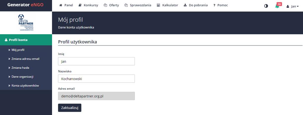 2.1 Konto użytkownika Po pierwszym zalogowaniu się użytkownika do Generatora engo, zalecane jest przejście do edycji danych konta oferenta (w celu m.in.