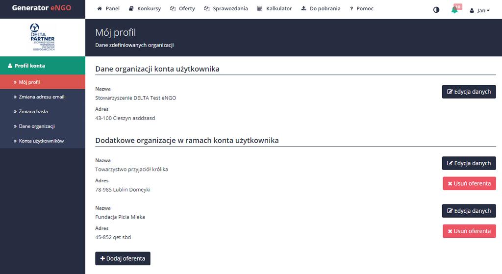Rysunek 9 Lista zdefiniowanych organizacji Wszystkie dane oferenta wprowadzone podczas dodawania lub edycji danych oferenta będą automatycznie kopiowane do nowo tworzonego wniosku ofertowego oraz