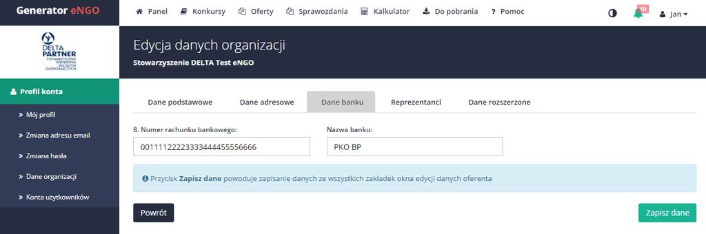2.1.2.3 Dane banku W zakładce dane banku należy podać nazwę banku oraz numer rachunku bankowego organizacji.