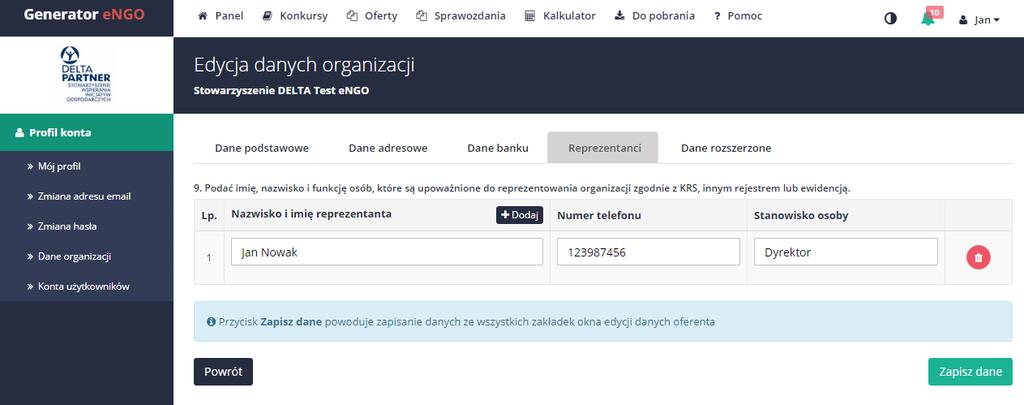 Aby dodać reprezentanta do listy należy kliknąć przycisk Dodaj, który znajduje się u góry tabeli.