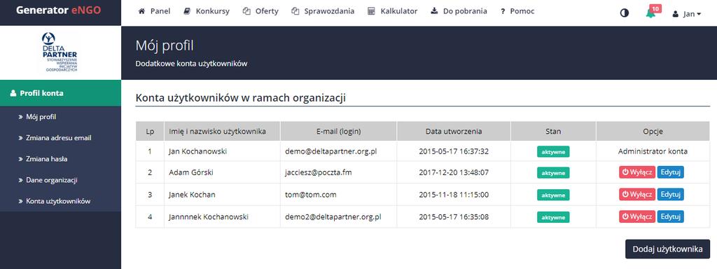 2 Konta użytkowników Aby przejść do zakładki konta użytkowników należy kliknąć w ikonkę znajdującą się w prawym górnym rogu ekranu i wybrać z listy Konta użytkowników.