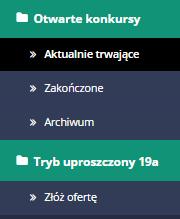 2.2.1 Konkursy Po kliknięciu myszką w przycisk Konkursy, po lewej stronie ekranu w menu bocznym pojawią się dostępne opcje.