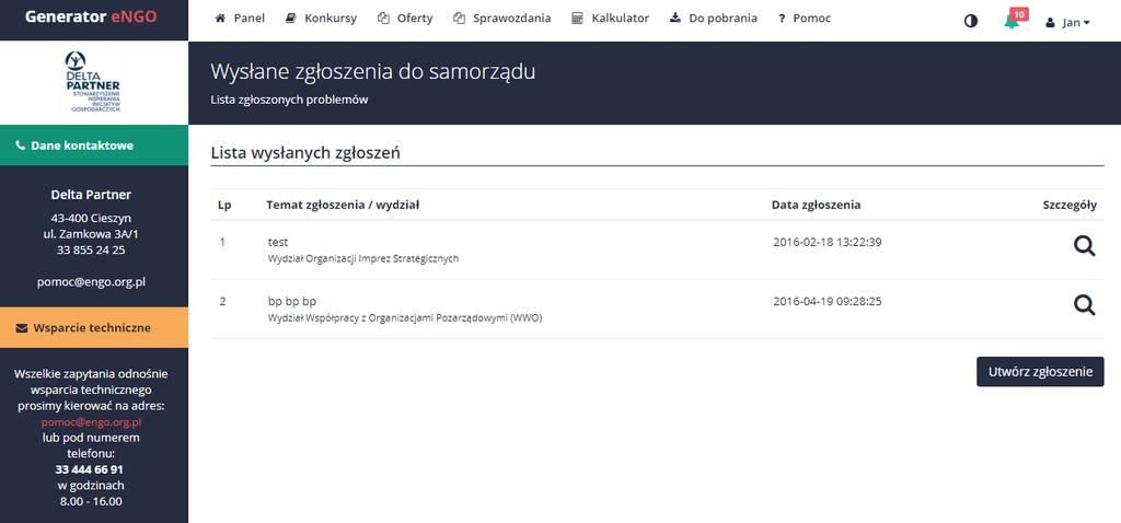 2.2.6.1 Zgłoszenia użytkowników Na ekranie widoczne są wszystkie zgłoszenia wysłane przez daną organizację.