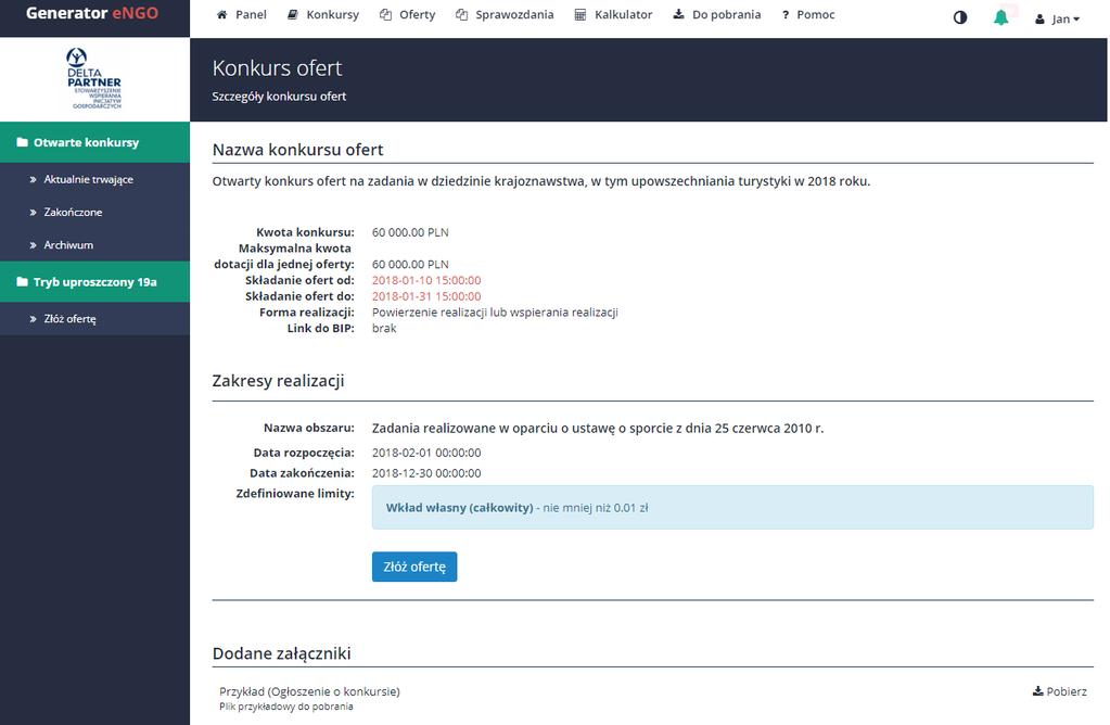 Jeżeli użytkownik jest zalogowany aby rozpocząć pracę nad nową ofertą należy w górnym pasku menu wybrać: Konkursy Aktualne trwające, następnie należy kliknąć w konkurs, w ramach którego użytkownik