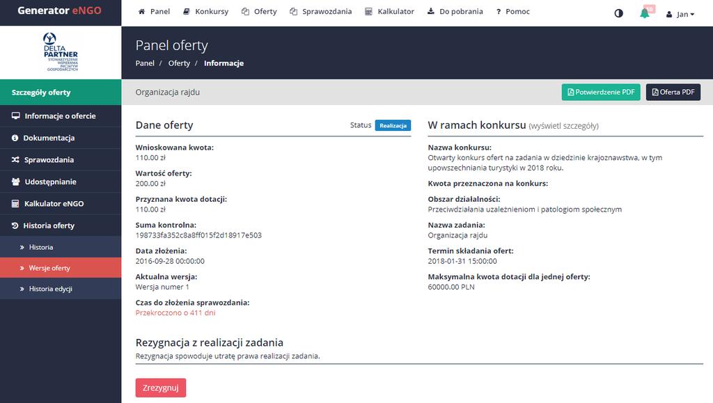 3.4.1 Informacje oferty Po przejściu do szczegółów oferty, pojawią się podstawowe dane odnośnie danej oferty takie, jak: nazwa zadania publicznego oraz nazwa konkursu, w ramach którego jest składana