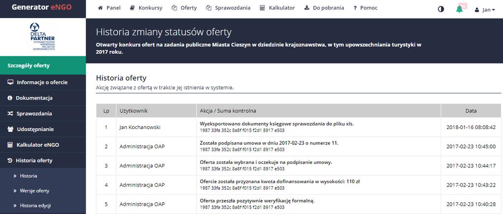 Rysunek 36 Historia oferty 3.4.6 Historia edycji oferty W tej zakładce znajdują się informacje dotyczące historii zmian w danej ofercie.