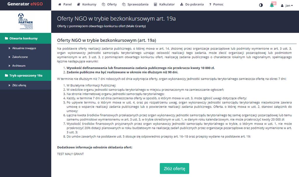 6.1 Składanie nowego wniosku Jeżeli użytkownik nie jest zalogowany to po wybraniu danego organu administracji publicznej, w panelu sterowania, należy wybrać opcję Konkursy ofert, a następnie wybrać