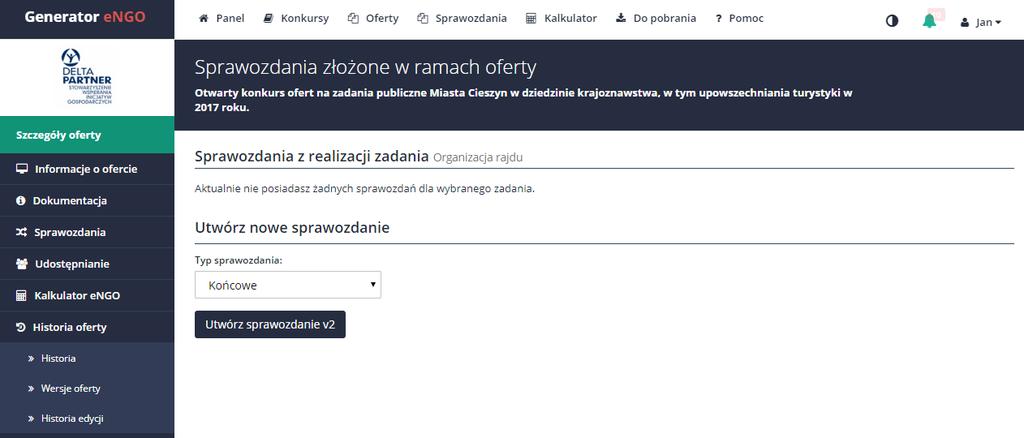 Rysunek 48 Tworzenie sprawozdania Po wygenerowaniu formularza sprawozdania, system automatycznie przeniesie użytkownika do edycji formularza.