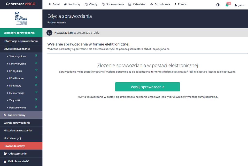 Istnieje także możliwość eksportu dokumentów ze sprawozdań już złożonych. W tym celu należy przejść do wybranego sprawozdania, a następnie wybrać z bocznego menu Szczegóły sprawozdania.
