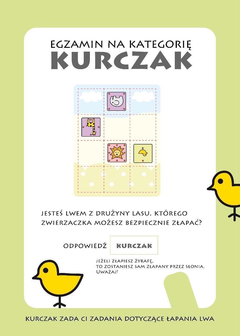 Umiejętności i zadania certyfikacyjne Co powinien umieć kurczak? Kurczak powinien wiedzieć, które zwierzątko przeciwnika może bezpiecznie złapać swoim lwem.