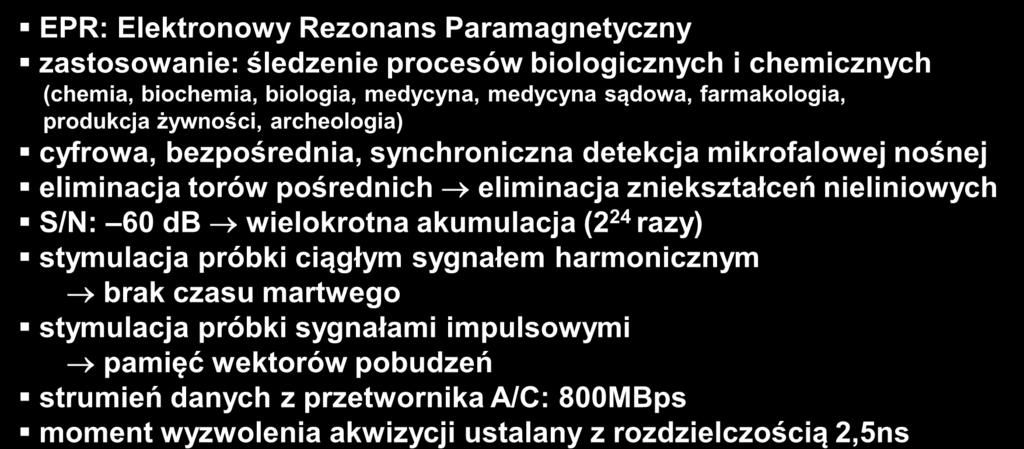 mikrofalowej nośnej eliminacja orów pośrenich eliminacja zniekszałceń nieliniowych S/N: 60 B wielokrona akumulacja (2 24 razy) symulacja próbki ciągłym sygnałem harmonicznym