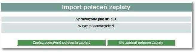 Kolejne okno informuje o sprawdzeniu pliku. W przypadku wystąpienia błędów w pliku z danymi przelewów system poinformuje o tym fakcie stosownymi komunikatami.