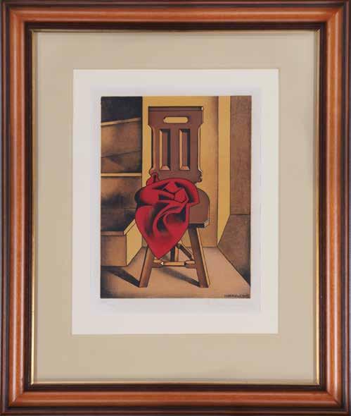 28. Henryk Berlewi (1894 1967) Krzesło z czerwoną tkaniną 1950 litografia barwna/papier 57 x 45 cm sygn. i dat. na płycie p. d.: H.