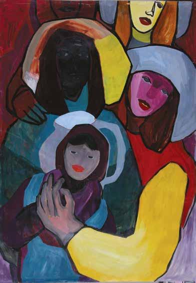 77. Lech Kunka (1920 1978) Spotkanie festiwalowe olej/papier 100 x 70 cm na odwrociu nalepka wystawowa z podpisem artysty Obraz wystawiany: Lech Kunka (1920