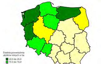 212 Średnia wielkość gospodarstw wg województw Najwięcej gospodarstw małych występuje w południowo wschodniej części Polski. Największe gospodarstwa są na północy i zachodzie.
