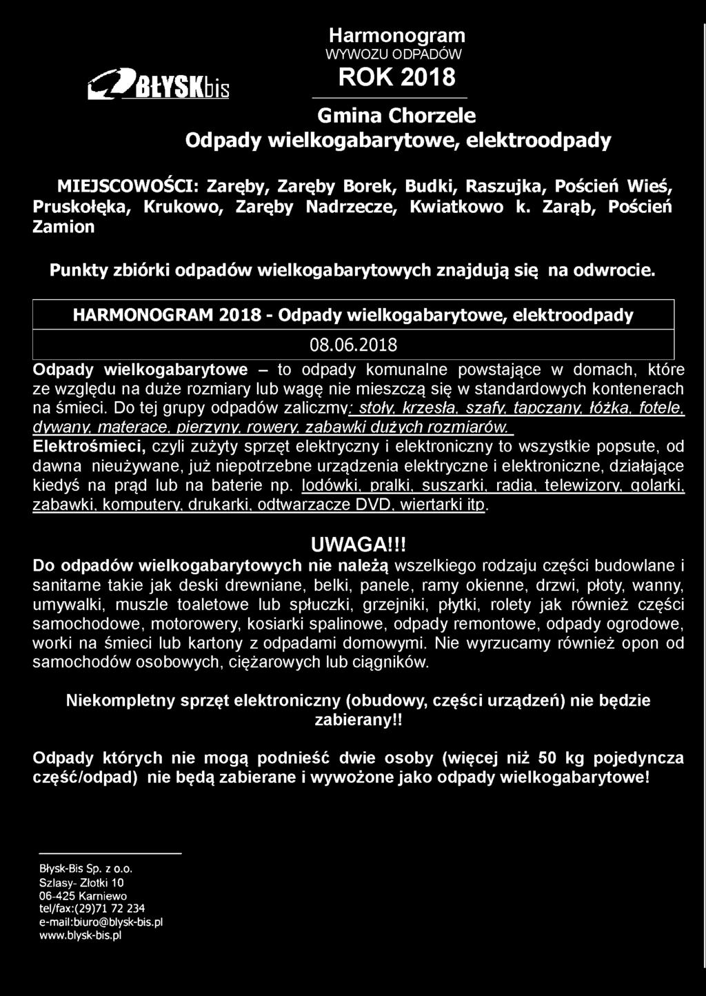 WYWOZU ODPADÓW liyflłyskbis ROK 2018 MIEJSCOWOŚCI: Zaręby, Zaręby Borek, Budki, Raszujka, Poścień Wieś, Pruskołęka, Krukowo, Zaręby Nad rzecze. Kwiatkowe k.