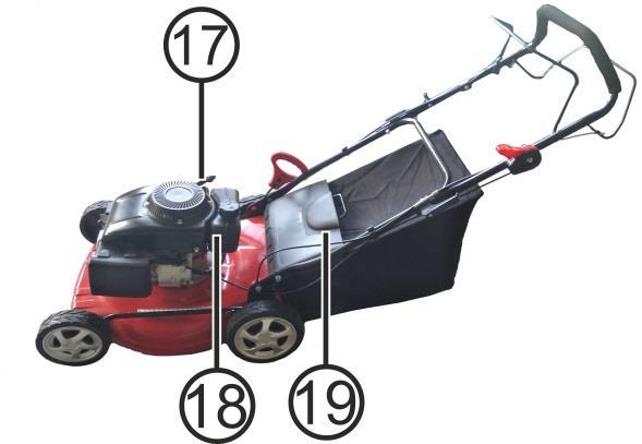 8) Dźwignia włączenia napędu kół tylnych. 9) Uchwyt. 10) Dźwignia START/STOP. 11) Dźwignia ssania. 12) Dolna część uchwytu. 13) Osłona silnika.
