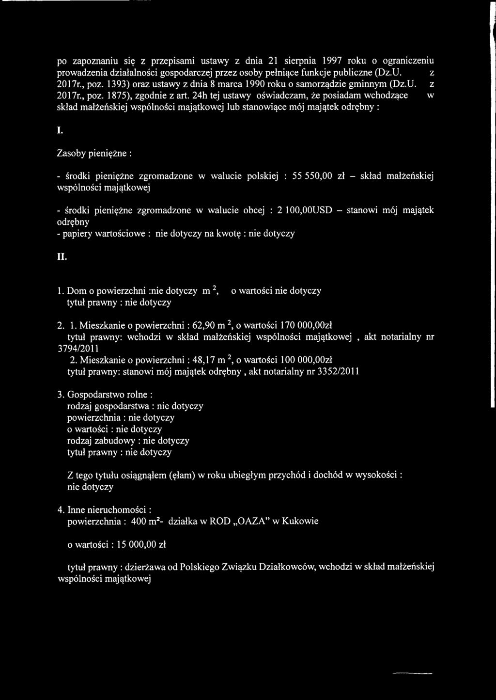 24h tej ustawy oświadczam, że posiadam wchodzące w skład małżeńskiej wspólności majątkowej lub stanowiące mój majątek odrębny : I.