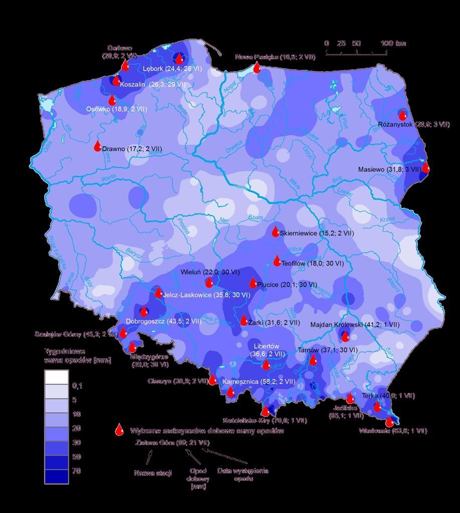 3. Rozkład tygodniowej sumy opadów oraz wybrane maksymalne