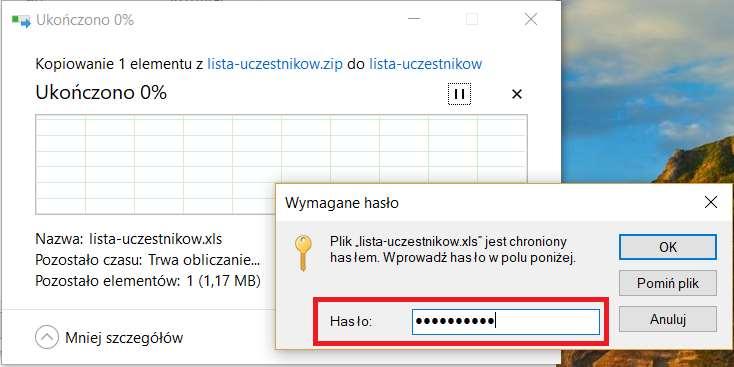 Wskazujemy miejsce docelowe lub pozostawiamy domyślne: 4. System zapyta o hasło, którego użyto podczas szyfrowania.