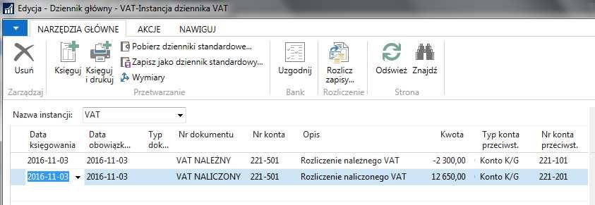 Przeksięgowanie wykonamy dokumentem prostym: Działy Zarządzanie Finansami Księga główna Dzienniki główne Szablon dziennika VAT Księgujemy wiersze dziennika: przycisk Księguj (F9).