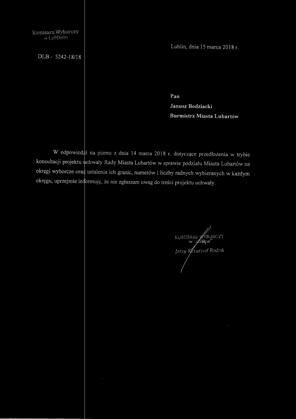 dotyczące przedłożenia w trybie konsultacji projektu lllchwały Rady Miasta Lubartów w sprawie podziału