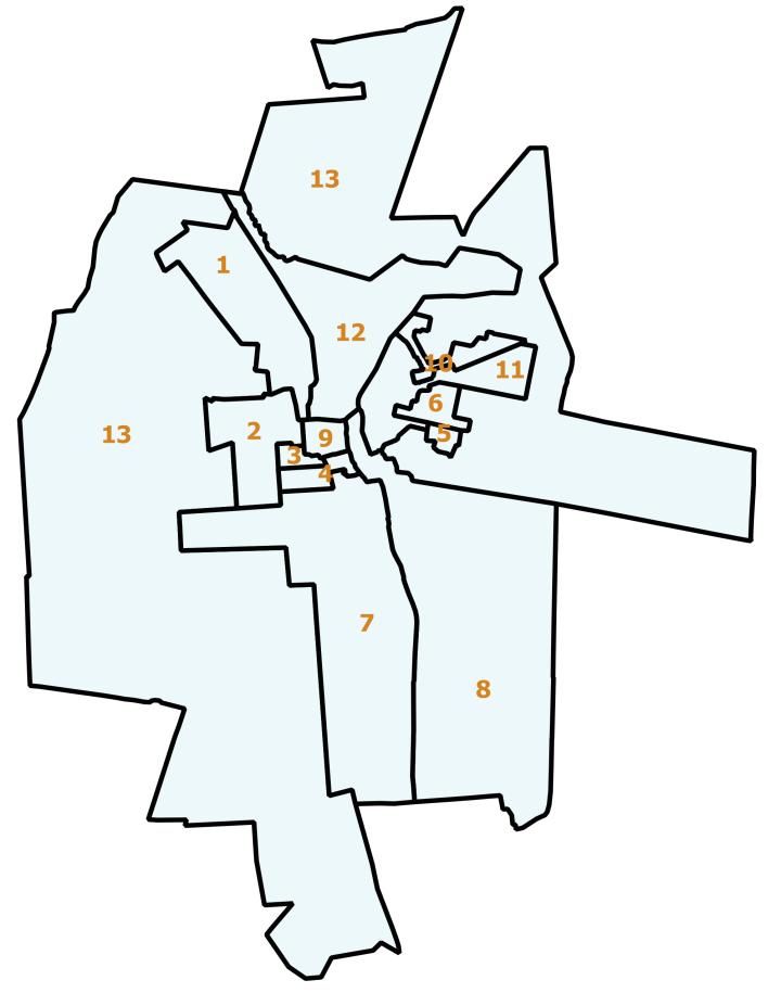 Nr Obrębu Liczba ludności Powierzchnia (km2) 1. 1106 1,29 2. 1198 0,74 3. 1335 0,09 4. 1569 0,18 5. 1360 0,07 6. 1101 0,20 7. 1206 3,53 8. 1212 4,86 9. 835 0,16 10. 1272 0,25 11. 1176 0,79 12.